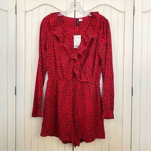 Divided Animal Print Romper Red & Black V-Neck Ruffle Long Sleeve Size 6 NWT